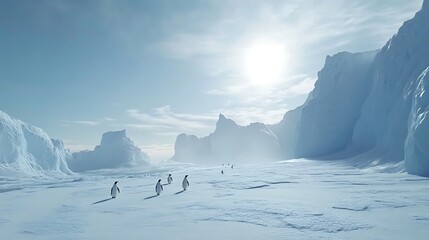 Antarctic Landscape with Penguins Walking on Snowy Ice