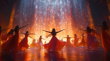 A captivating image of women in red dresses dancing majestically in front of a fiery waterfall. The scene is magical and surreal. Lively Scene of a dance competition performers.