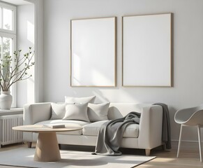 A modern living room featuring a light-colored sofa adorned with several cushions and a throw blanket. In front of the sofa, there is a round wooden coffee table. 