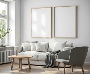 A modern living room featuring a light-colored sofa adorned with several cushions and a throw blanket. In front of the sofa, there is a round wooden coffee table. 