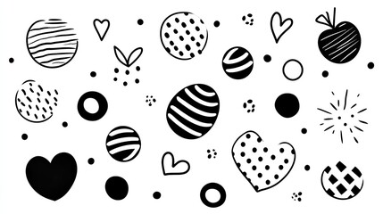 Abstract black and white pattern featuring various shapes and designs, suitable for backgrounds
