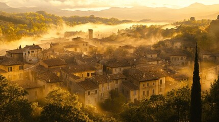 Obraz premium European Village Sunrise Golden Light In Clouds Landscape Viewpoint Aerial Shot Of Historic Houses With Trees And Foggy Valley Golden Hour Warm Colors Hillside Buildings With Orange And Yellow Roofs