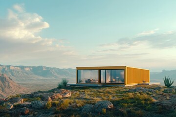 Modern container home sits atop mountain landscape with expansive views under a clear blue sky