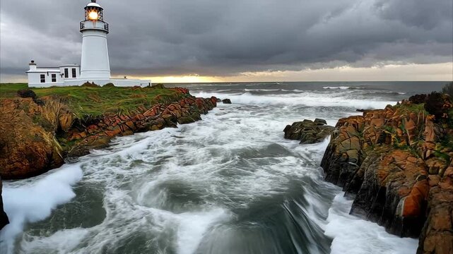 White lighthouse with illuminated light near ocean, framed by dramatic clouds