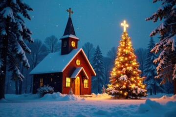 Church with cross aglow under a snow-covered Christmas tree, cross, decoration, illuminated