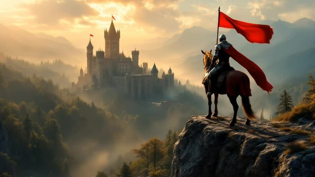A medieval knight on horseback with a red flag gazes at a majestic castle in the misty mountains during sunrise.  
