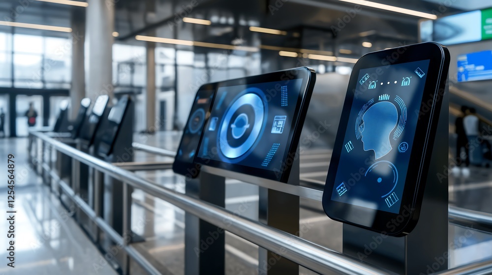 Poster a futuristic security checkpoint using ai-driven facial recognition, with dynamic holographic facial