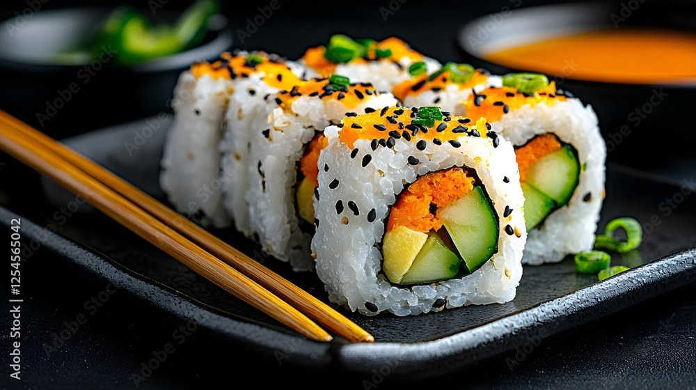 Poster beautifully crafted japanese vegetable sushi rolls featuring a vibrant array of avocado cucumber and