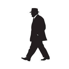 Silhouette of a Man in a Suit and Hat Walking in Side View - Vector Illustration