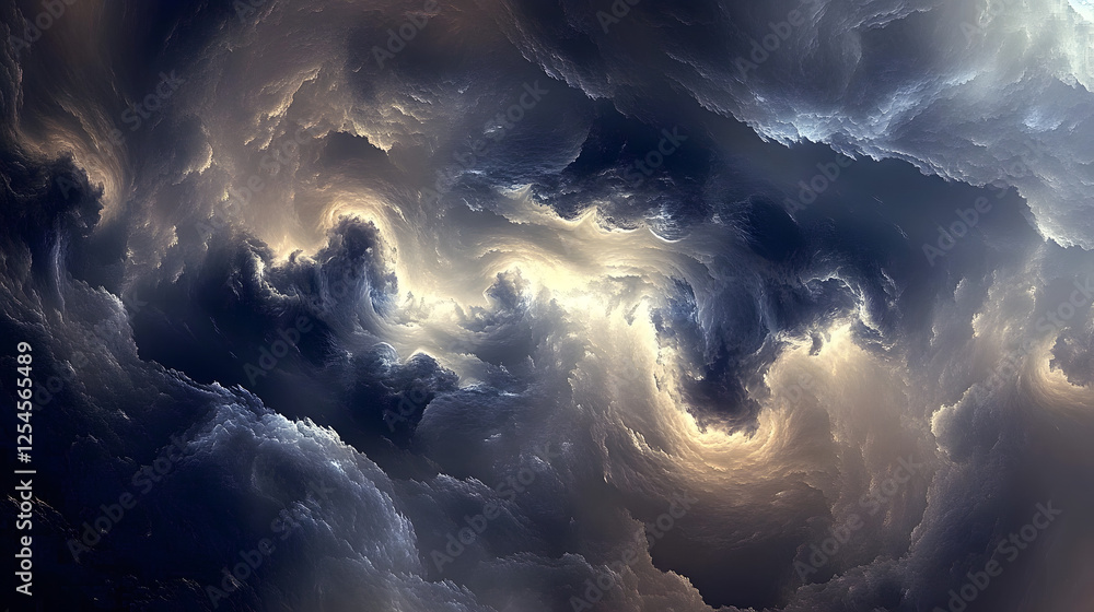 Poster abstract cosmic-inspired art featuring a dark sky with clouds and subtle light elements in a surreal