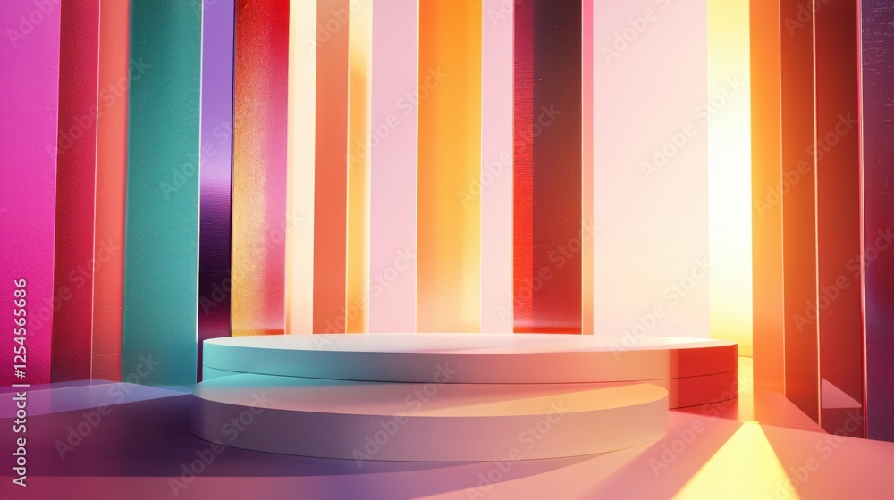 Poster elegant podium display with vibrant pastel color stripes for product showcase and presentation