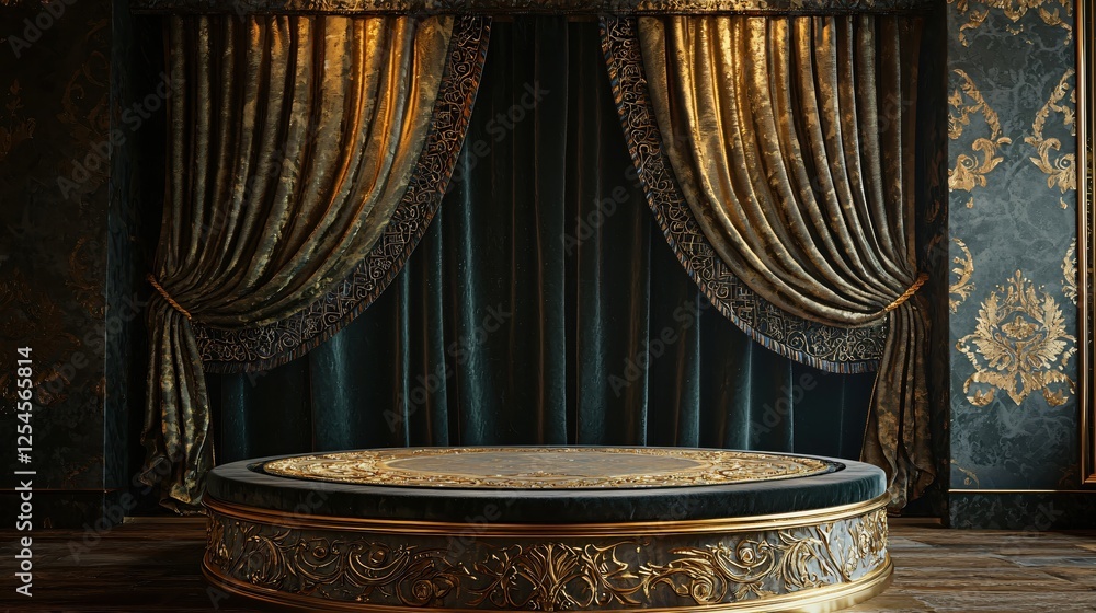 Poster opulent stage with golden curtains and ornate platform for product display or presentation