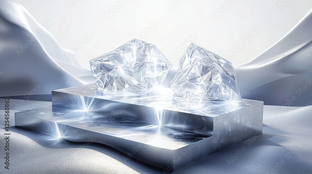Poster elegant crystal cubes on a reflective platform with soft flowing fabric in a bright setting