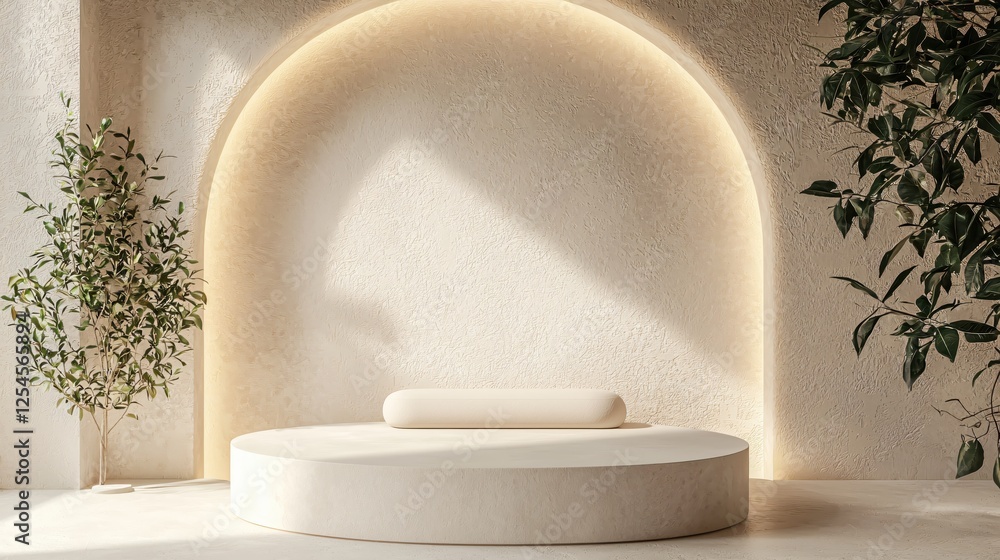 Poster minimalist interior scene with round podium arch and plants for product display and presentation