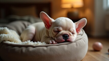 A sleepy French Bulldog puppy snoozes peacefully in a plush pet bed, its tiny pink tongue peeking out. Wrinkled face relaxed, warm light creating a cozy, dreamy vibe.