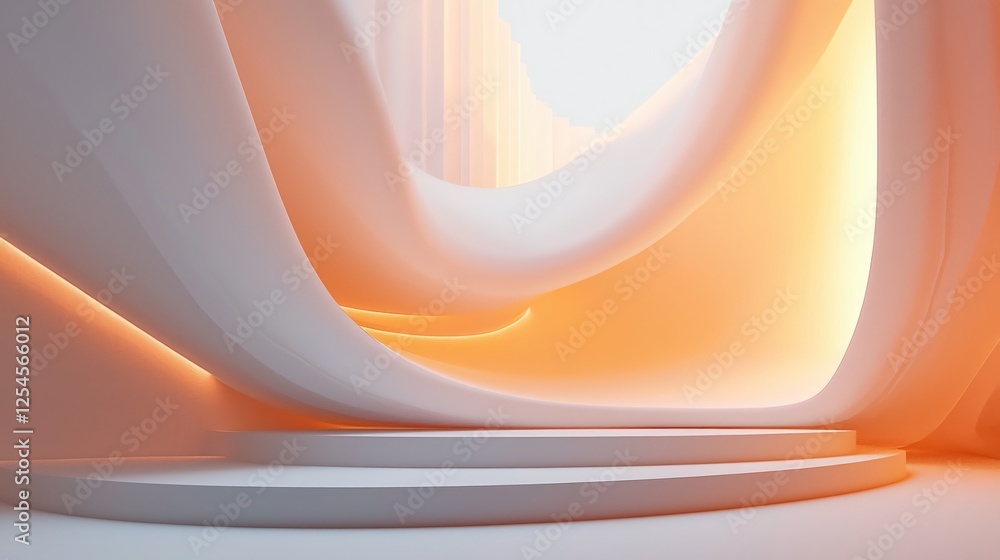 Fototapete elegant showcase platform with flowing forms and warm light for product presentation display