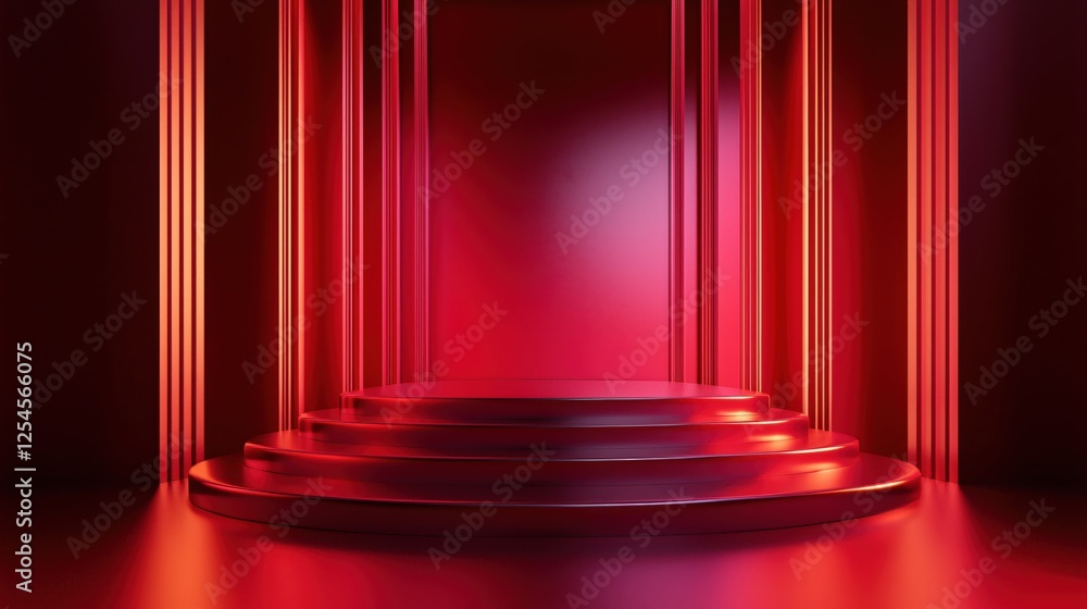 Leinwandbilder elegant red stage with geometric pillars for product display or abstract art presentation