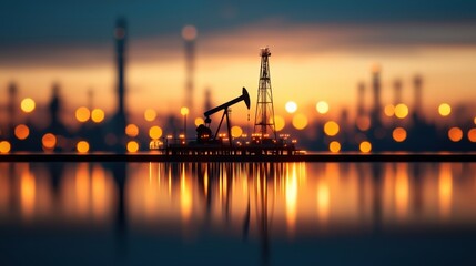 Fototapeta premium Pumpjack silhouette standing tall against a vibrant sunset sky its reflection mirrored on the calm surface of the water This industrial energy scene captures the essence of the oil and gas industry