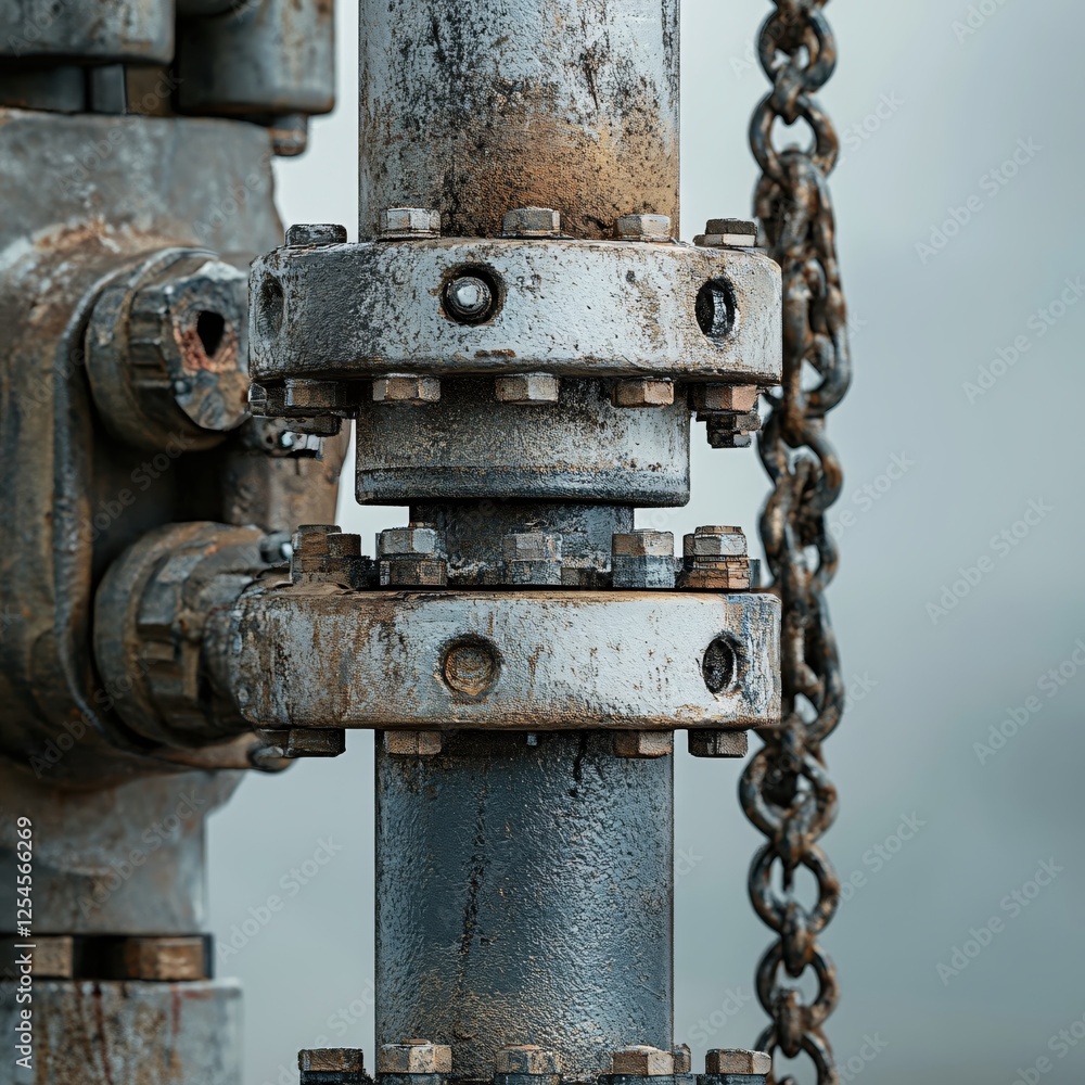 Aufkleber industrial metal structure with chain and bolts showing wear and corrosion in close up view