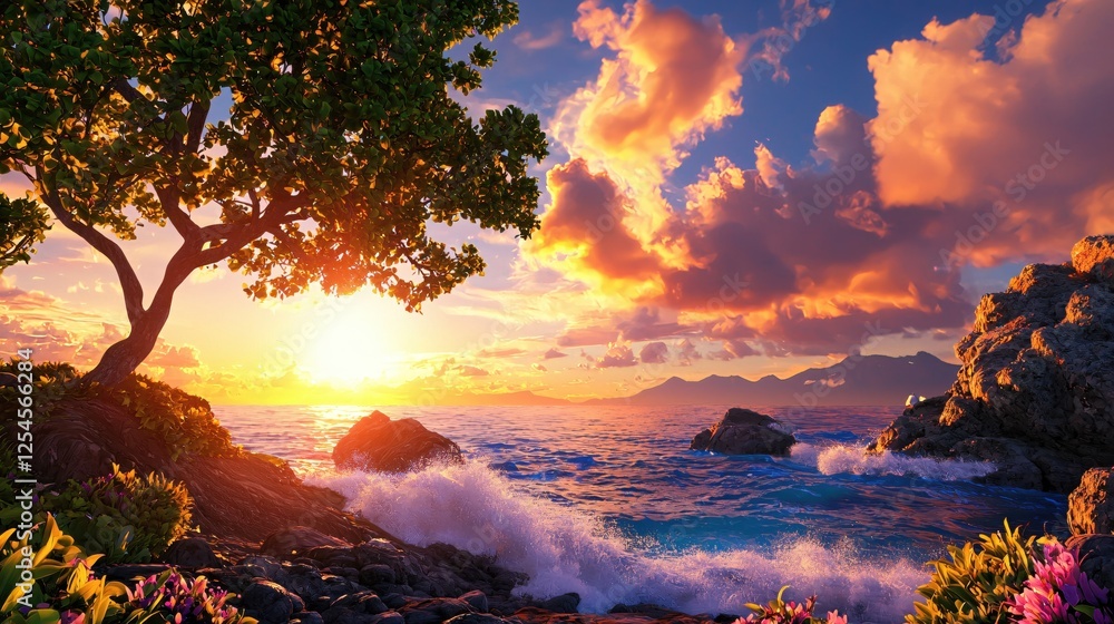 Poster serene ocean sunset with tree silhouette and vibrant clouds creating a peaceful atmosphere