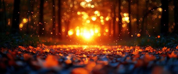 Fototapeta premium Warm Sunset In Autumn Forest With Falling Leaves