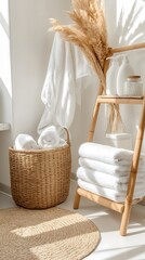Sustainability at home, eco-friendly and minimalist styles : Sustainable laundry routine with a bamboo drying rack, organic detergent, and eco-friendly wool dryer balls.