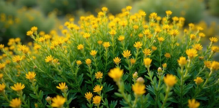 Dense thicket of tribulus terrestris with tiny yellow flowers, thickets, bushy vegetation, desert plants