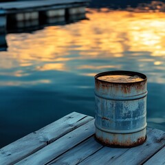 Obraz premium Rusty Barrel on Wooden Dock Reflecting Golden Sunset in Calm Water Serene Lakeside Evening