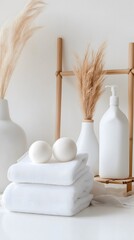 Sustainability at home, eco-friendly and minimalist styles : Sustainable laundry routine with a bamboo drying rack, organic detergent, and eco-friendly wool dryer balls.