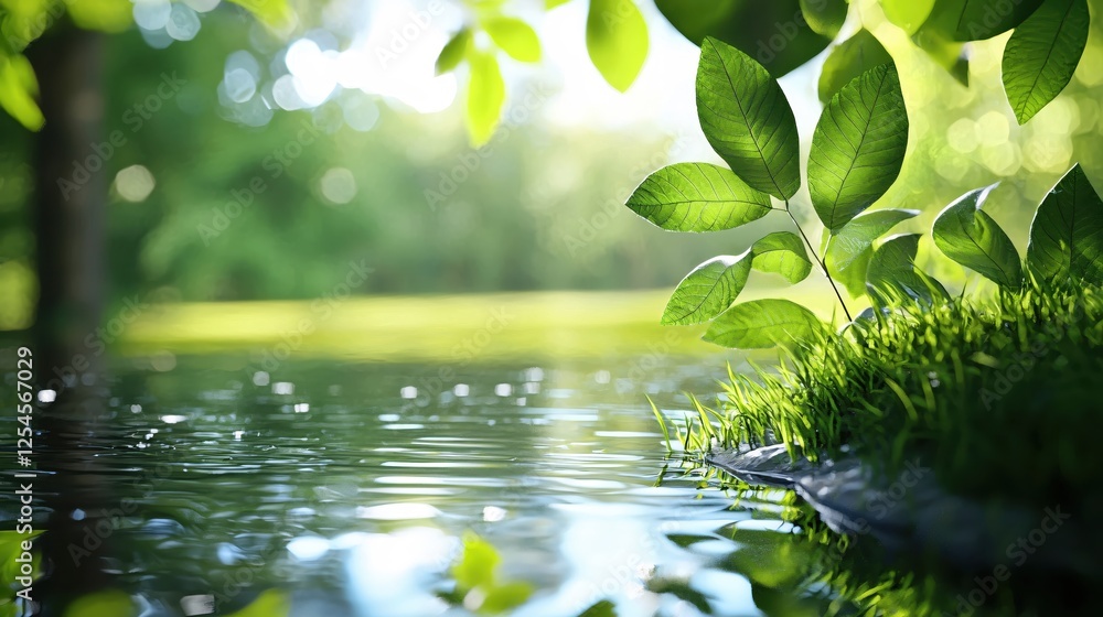 Poster Serene waterside scene with lush green leaves reflecting light creating a tranquil ambiance