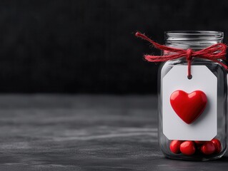 A glass jar filled with red heart-shaped candies, symbolizing love and affection, perfect for romantic occasions.