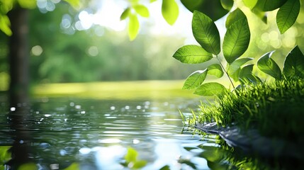 Serene waterside scene with lush green leaves reflecting light creating a tranquil ambiance - obrazy, fototapety, plakaty
