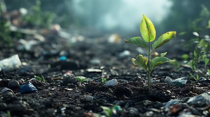 Hope Amidst Debris: A Resilient Sapling in a Polluted Landscape