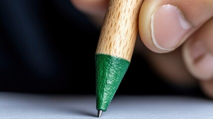 Close-up of Hand Writing with Wooden Pencil and Green Tip