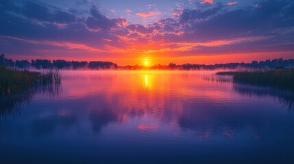 Serene Sunrise Over a Misty Lake