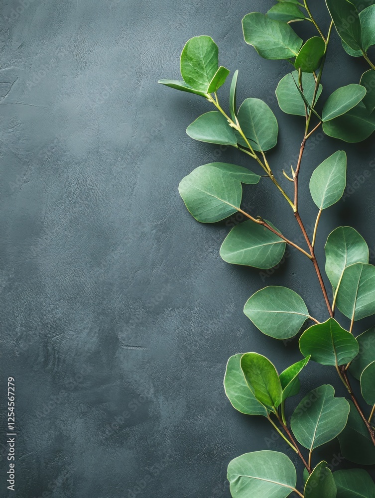 Poster eucalyptus branch on dark textured background for natural design and botanical projects