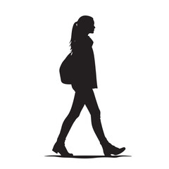 Silhouette of a Woman with Tied Hair Wearing a Jacket and Carrying a Bag - Vector Illustration