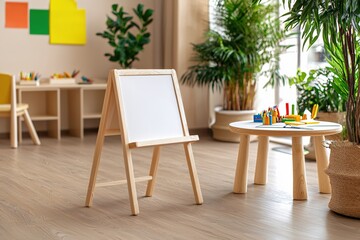Bright and Cheerful Kids Room with Easel Table and Colorful Art Supplies for Creative Play