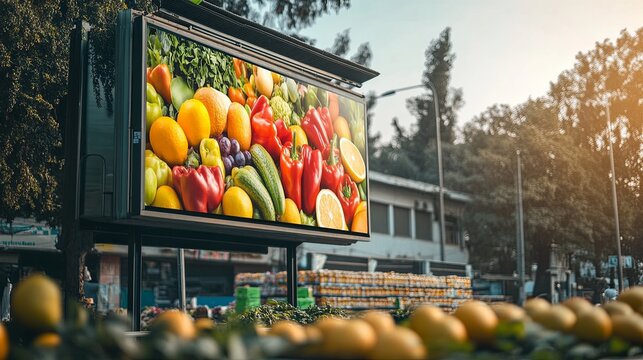 A promotional billboard showcasing a supermarket's loyalty program benefits digital