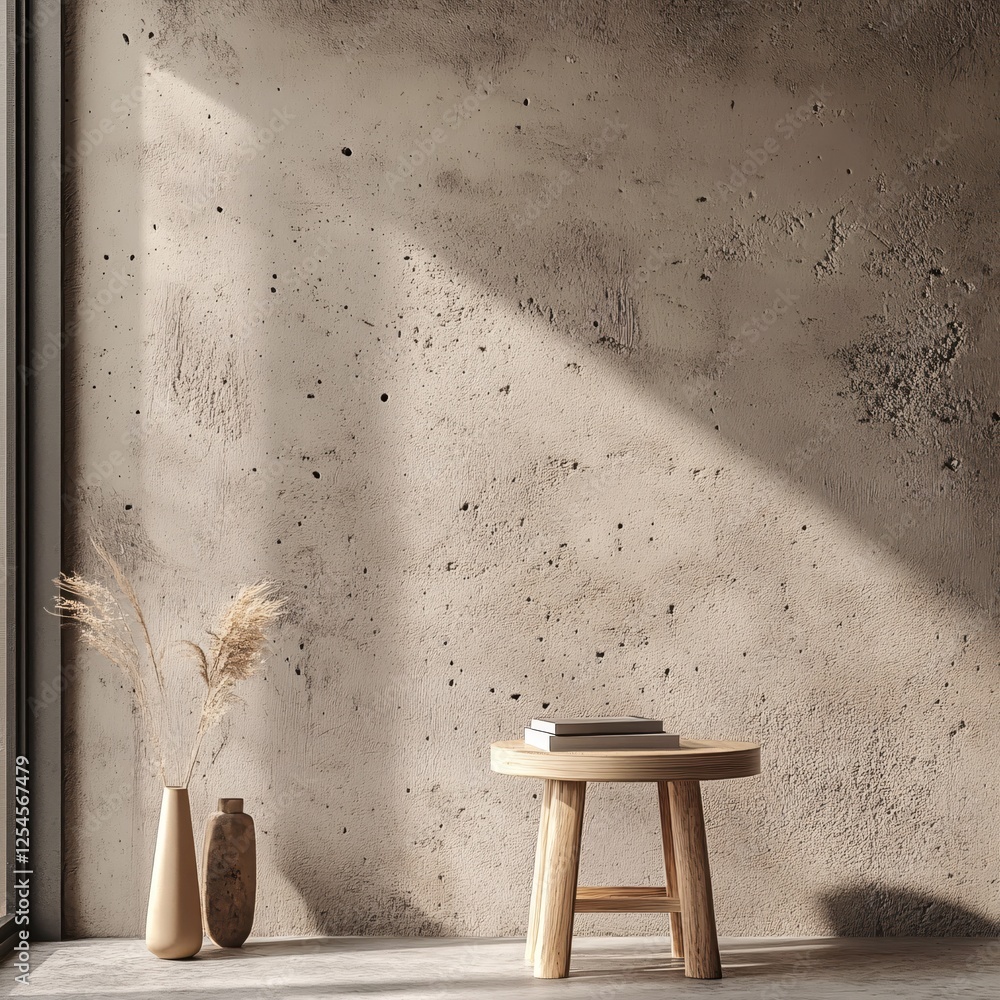 Poster serene interior scene with rustic wall stool vases and gentle sunlight creating a calm ambiance