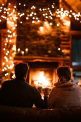 Fototapeta premium Couple sips coffee by warm fireplace in cabin with lights. Cozy winter scene