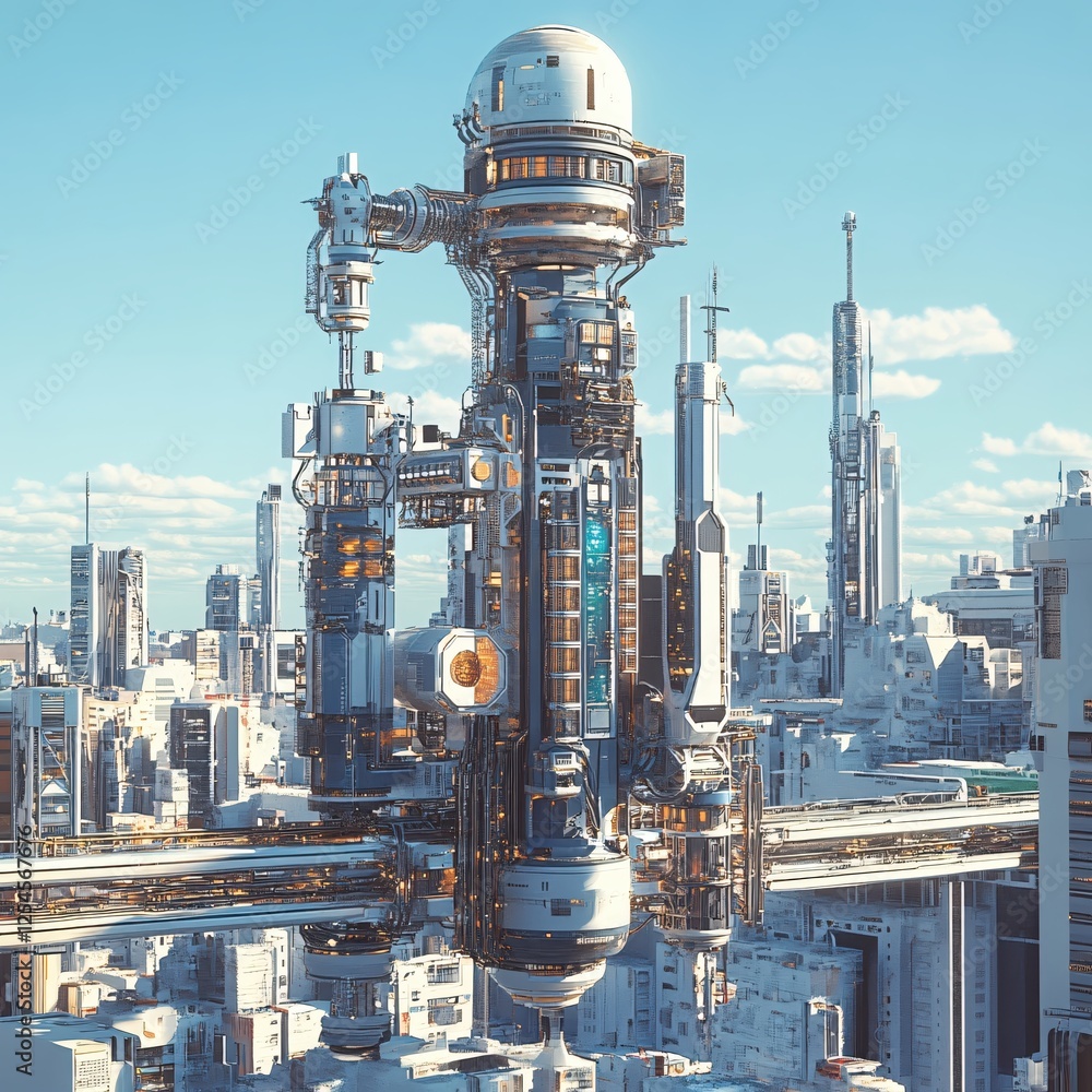 Aufkleber futuristic cityscape with advanced architecture and transport system under a serene sky