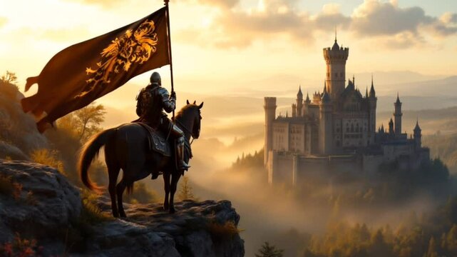 A knight on horseback with flag at sunset on castle background