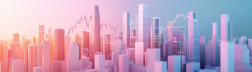 A vibrant city skyline illustrating modern architecture and growth, featuring skyscrapers and a digital graph overlay.