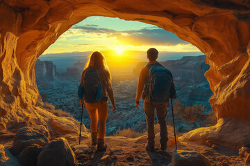 A couple hiking through the rugged, arid landscape, surrounded by unique rock formations, including natural arches and boulders. The scene captures the beauty of outdoor adventure, exploration, 