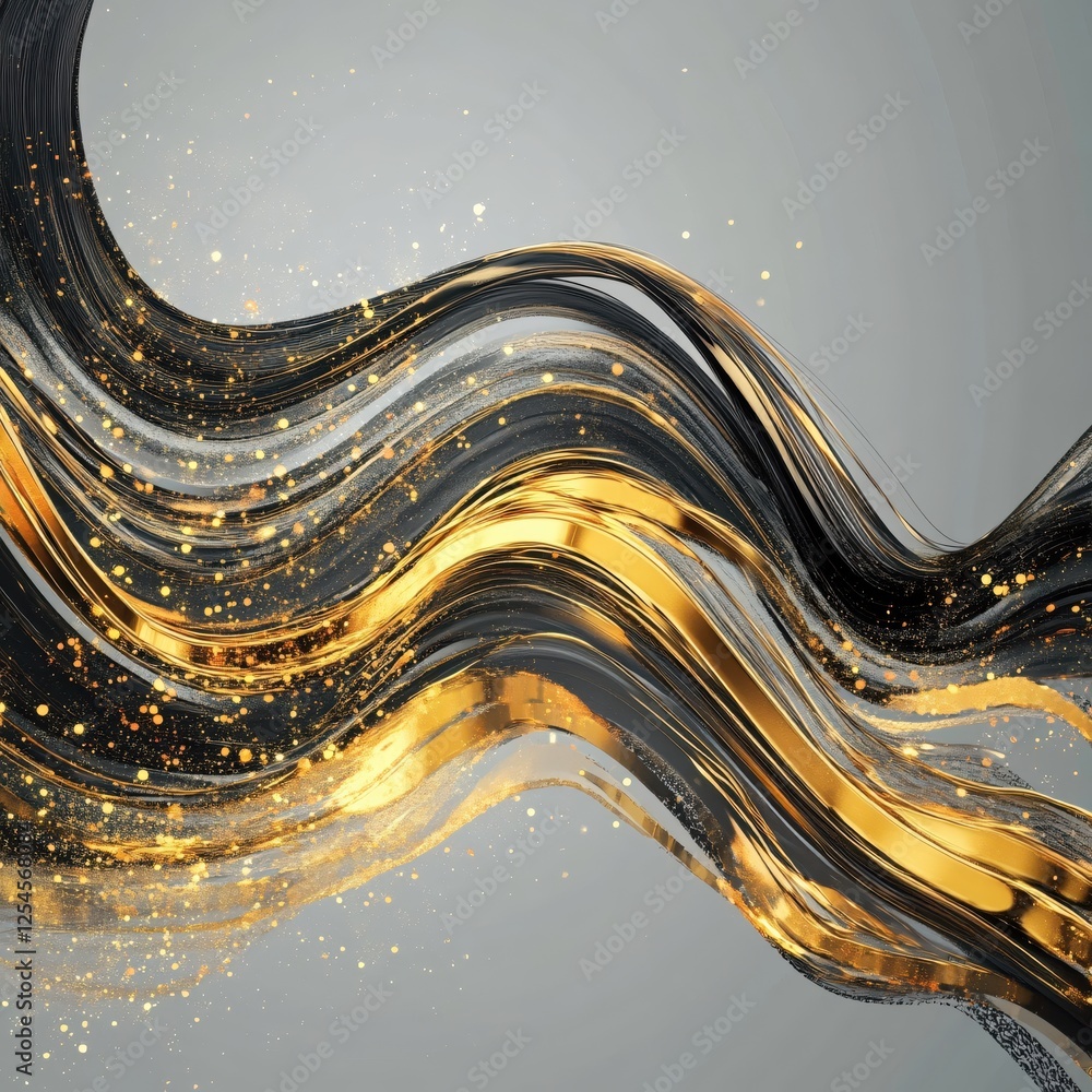 Poster abstract elegance flowing black and gold ribbons with shimmering particles graceful movement