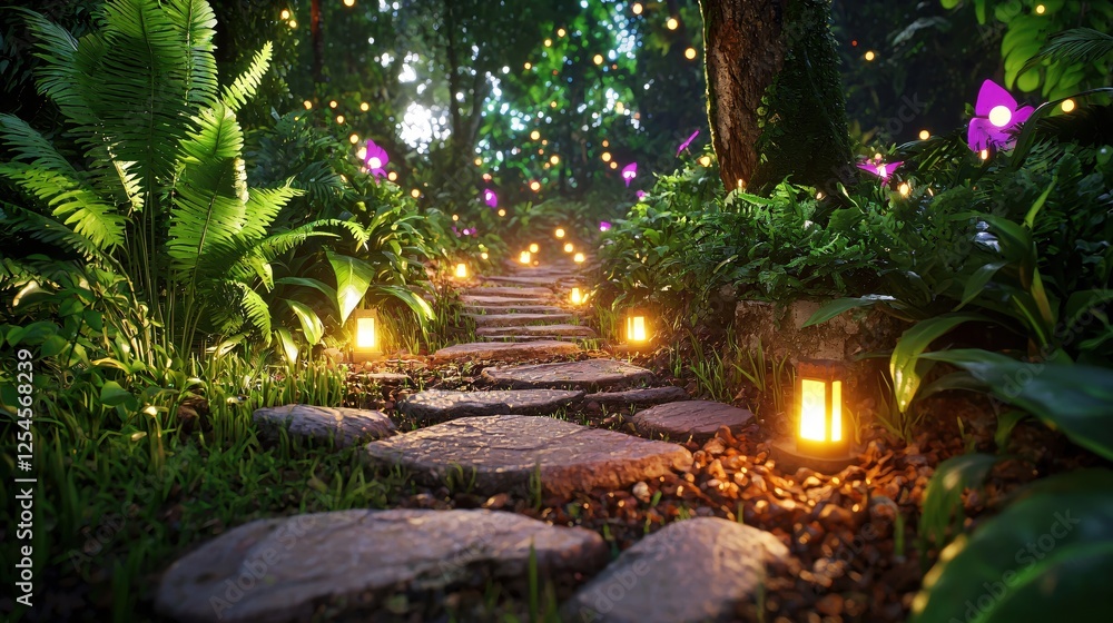 Poster Enchanted garden path with luminous lanterns and vibrant flora creating a magical serene scene