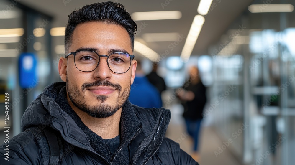 Poster smiling bearded man in casual attire working on laptop in a dynamic and modern office environment