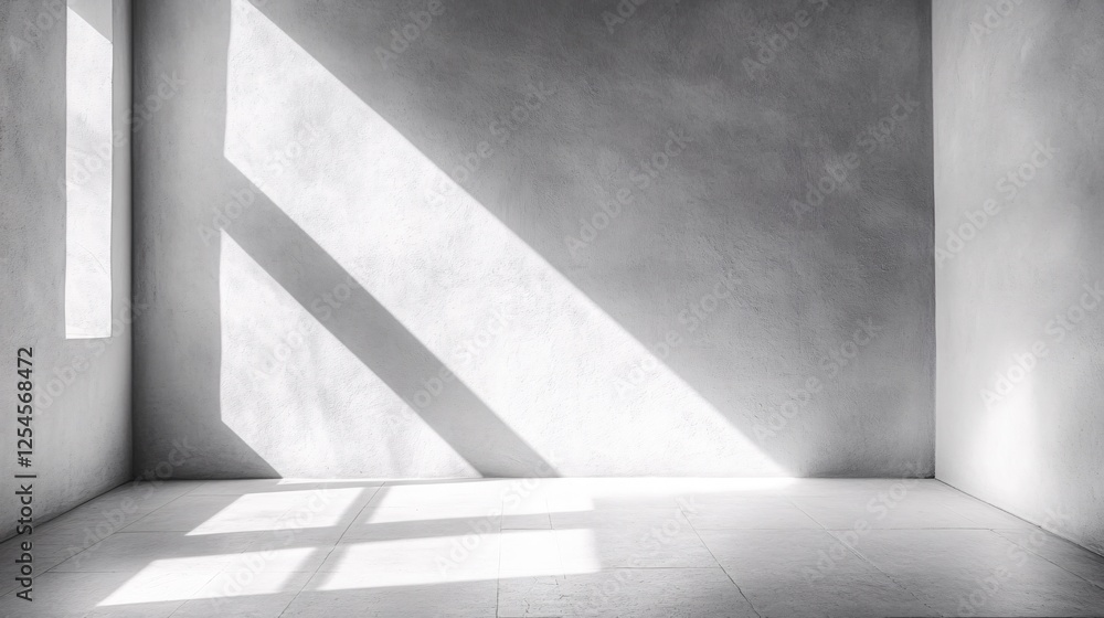 Poster sunlight streaming through window casting diagonal shadows on a textured white wall and floor