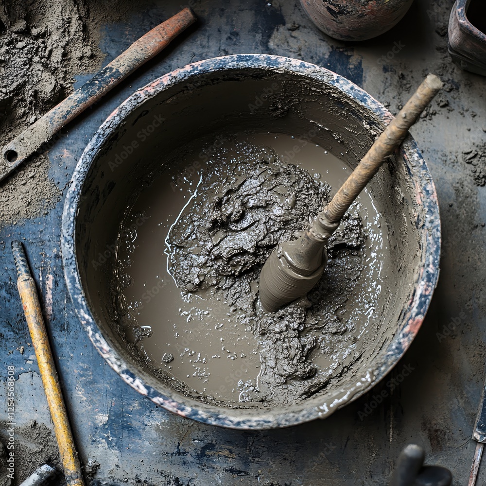 Poster muddy clay mixture in a bucket with tools for pottery creation in a workshop studio